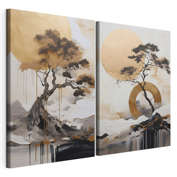 Schilderij van een boom en een cirkel Modulaire canvasprint Schilderij van een boom en een cirkel