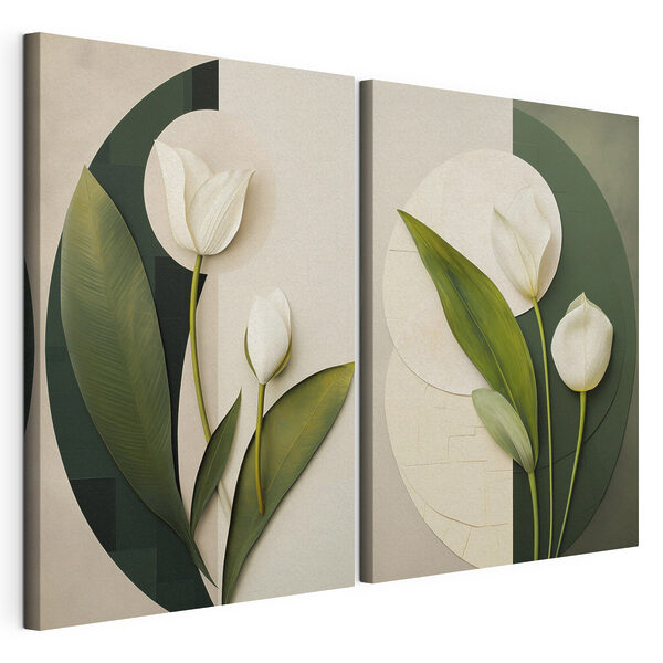Collage van witte bloemen en groene bladeren Modulaire canvasprint Collage van witte bloemen en groene bladeren