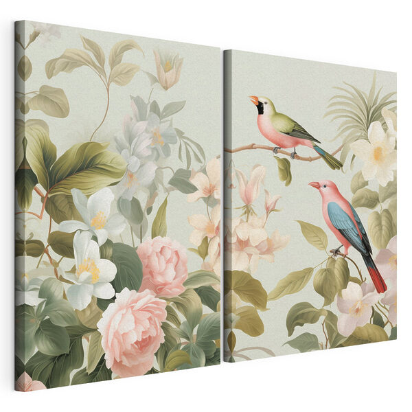 Een paar vogels op een tak met bloemen Modulaire canvasprint Een paar vogels op een tak met bloemen