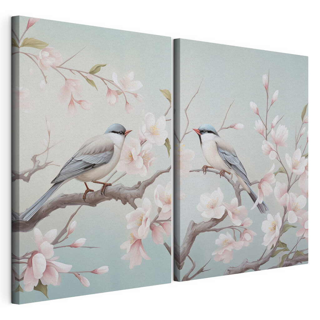 Couple of birds on a branch with flowers Couple of birds on a branch with flowers