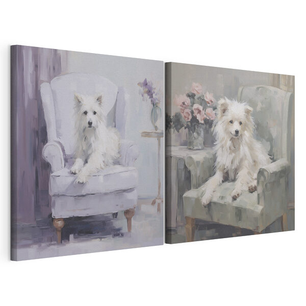 Modulaire canvasprint Schilderij van een hond die op een stoel zit