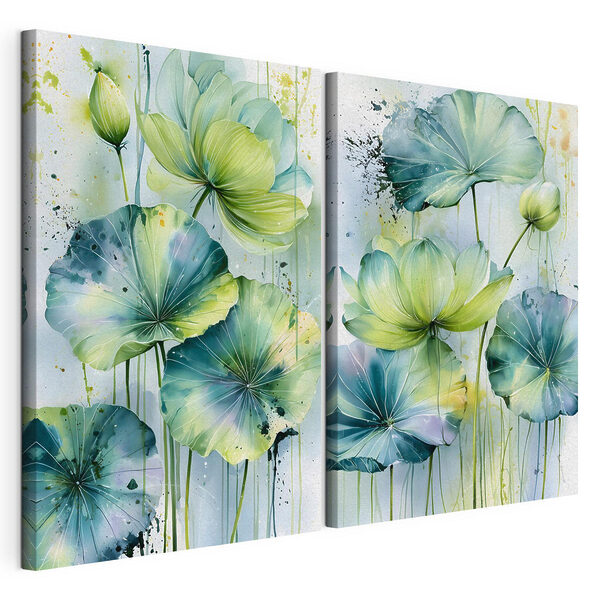 Schilderij van bloemen met groene bladeren Modulaire canvasprint Schilderij van bloemen met groene bladeren