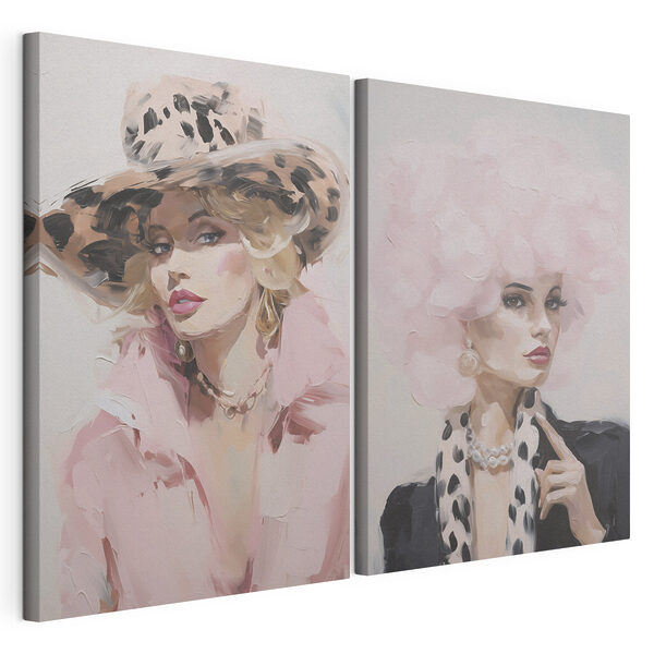 Collage van een vrouw met een roze hoed Modulaire canvasprint Collage van een vrouw met een roze hoed
