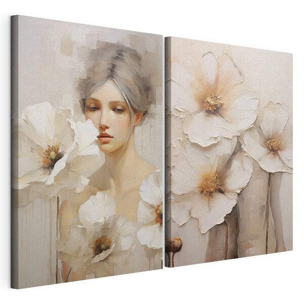 Schilderij van een vrouw met witte bloemen Modulaire canvasprint Schilderij van een vrouw met witte bloemen