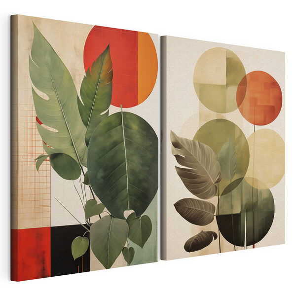 Modulaire canvasprint Modulaire canvasprint Twee afbeeldingen van bladeren en cirkels (Artikelnummer: m30581)