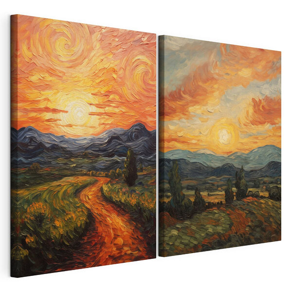 Schilderij van een weg en bergen Modulaire canvasprint Schilderij van een weg en bergen
