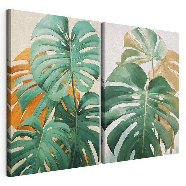 Weelderige groene bladeren in levendige tinten Modulaire canvasprint Weelderige groene bladeren in levendige tinten