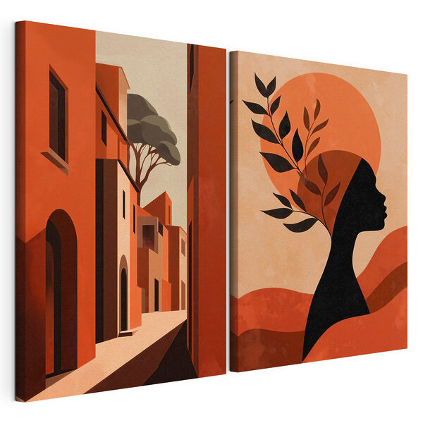 Modulaire canvasprint Vrouw met een hoed op haar hoofd en een straat met gebouwen (Artikelnummer: m30563) Modulaire canvasprint Modulaire canvasprint Vrouw met een hoed op haar hoofd en een straat met gebouwen (Artikelnummer: m30563)