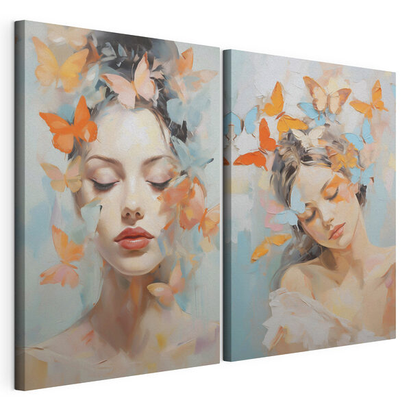 Collage van een vrouw met vlinders in haar haar Modulaire canvasprint Collage van een vrouw met vlinders in haar haar
