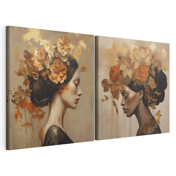 Schilderij van een vrouw met bloemen in haar haar Modulaire canvasprint Schilderij van een vrouw met bloemen in haar haar