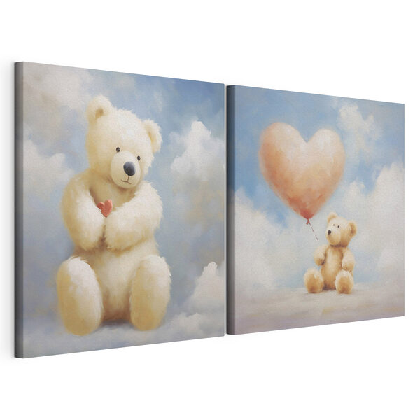 Modulaire canvasprint Twee foto's van een teddybeer met een ballon in zijn hand