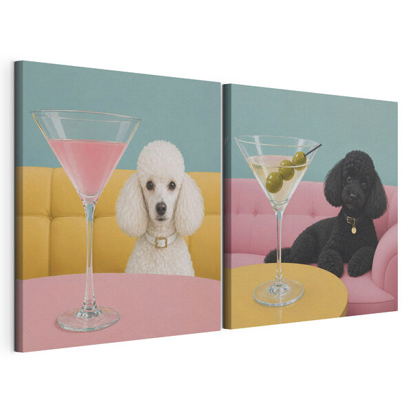 Hond die aan een tafel zit met een martiniglas Modulaire canvasprint Hond die aan een tafel zit met een martiniglas