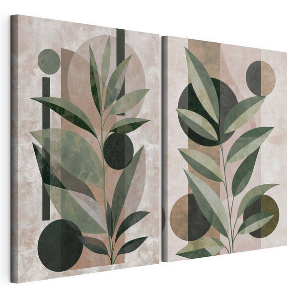 Modulaire canvasprint - Elegante bladeren verweven met geometrische vormen
