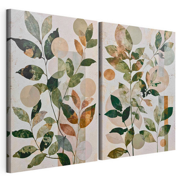 Schilderij van bladeren en cirkels Modulaire canvasprint Schilderij van bladeren en cirkels