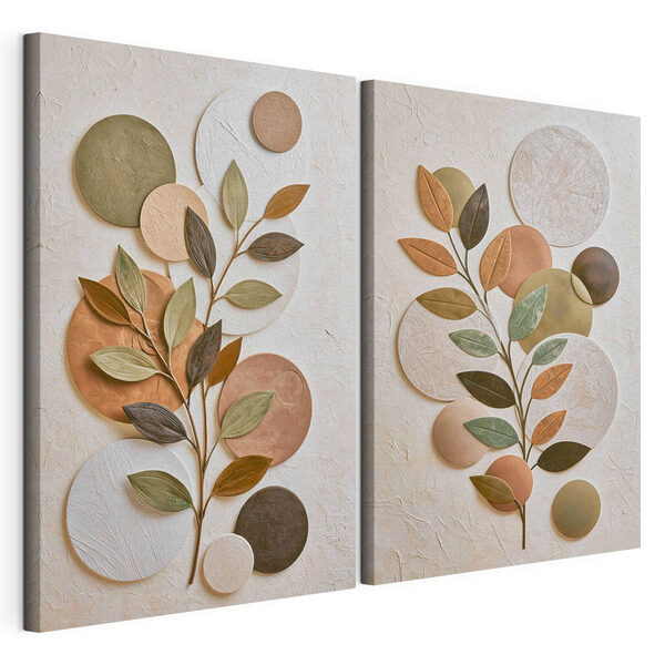 Modulaire canvasprint Collage van een plant met bladeren en cirkels