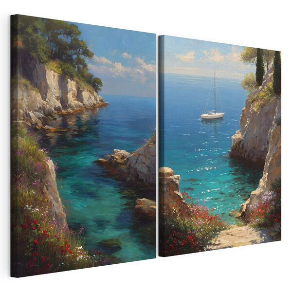 Schilderij van een zeilboot op de oceaan Modulaire canvasprint Schilderij van een zeilboot op de oceaan