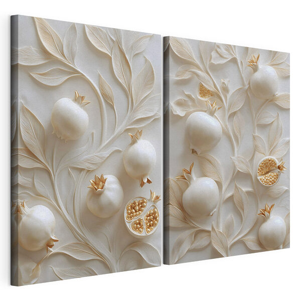 Elegante granaatappels te midden van golvende bladeren Modulaire canvasprint Elegante granaatappels te midden van golvende bladeren
