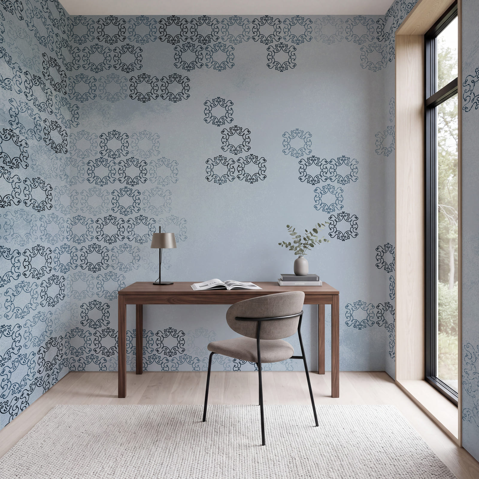 Blauwe achtergrond met zwart-witte patronen
