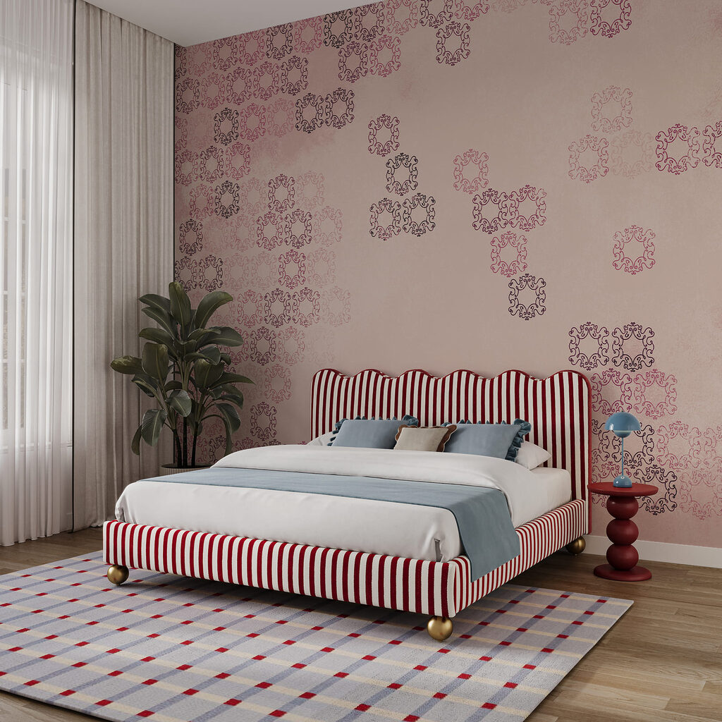 Roze achtergrond met veel kleine zwarte en rode figuren Roze achtergrond met veel kleine zwarte en rode figuren