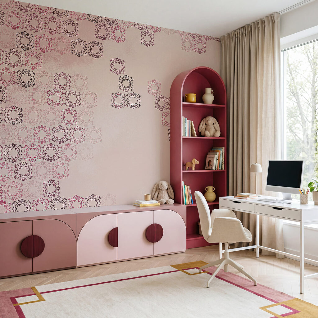 Roze achtergrond met veel kleine zwarte en rode figuren Roze achtergrond met veel kleine zwarte en rode figuren