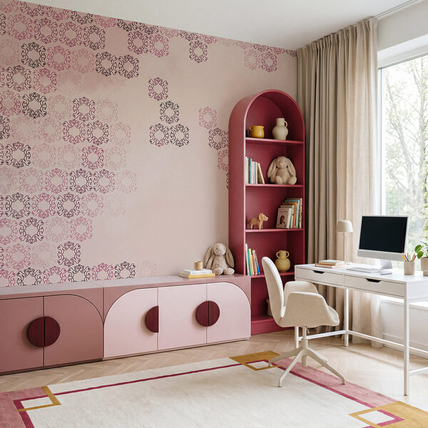 Roze achtergrond met veel kleine zwarte en rode figuren Roze achtergrond met veel kleine zwarte en rode figuren