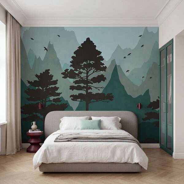 Fotobehang Schilderij van een bos met bergen en vogels (Artikelnummer: t00975v2) Fotobehang Fotobehang Schilderij van een bos met bergen en vogels (Artikelnummer: t00975v2)