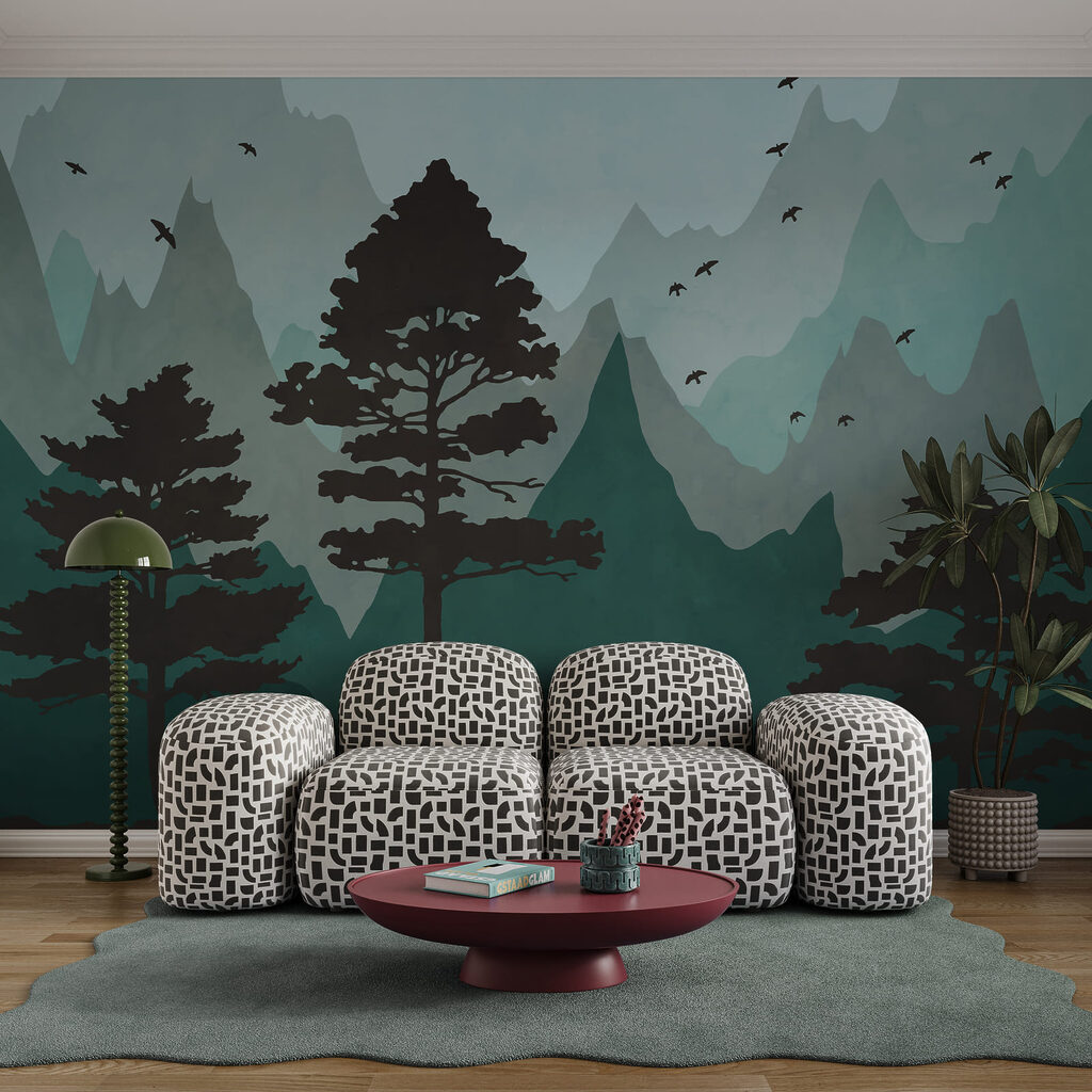 Schilderij van een bos met bergen en vogels Schilderij van een bos met bergen en vogels