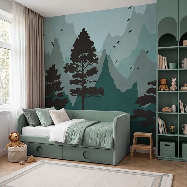 Schilderij van een bos met bergen en vogels Schilderij van een bos met bergen en vogels