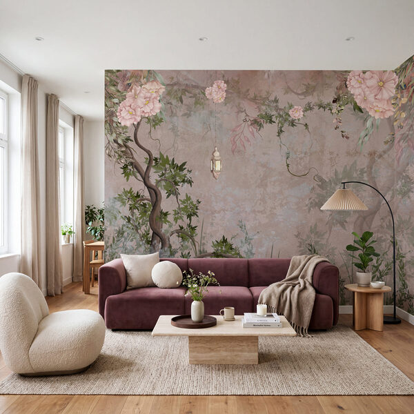 Schilderij van een boom met bloemen en een lantaarn Schilderij van een boom met bloemen en een lantaarn