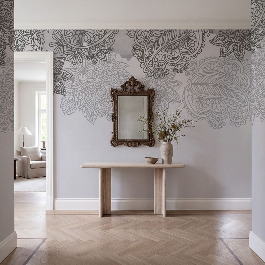 Grijze en witte achtergrond met paisleypatroon Grijze en witte achtergrond met paisleypatroon