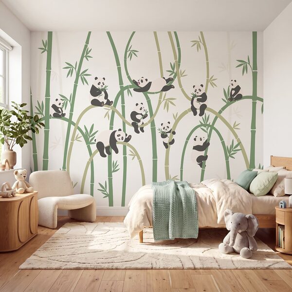 Fotobehang Fotobehang Een groep panda’s op bamboe (Artikelnummer: t00963v2)
