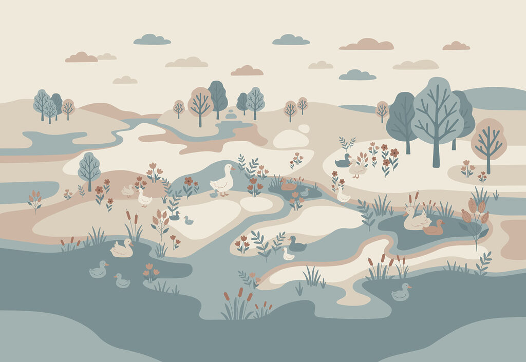Landscape with ducks and trees