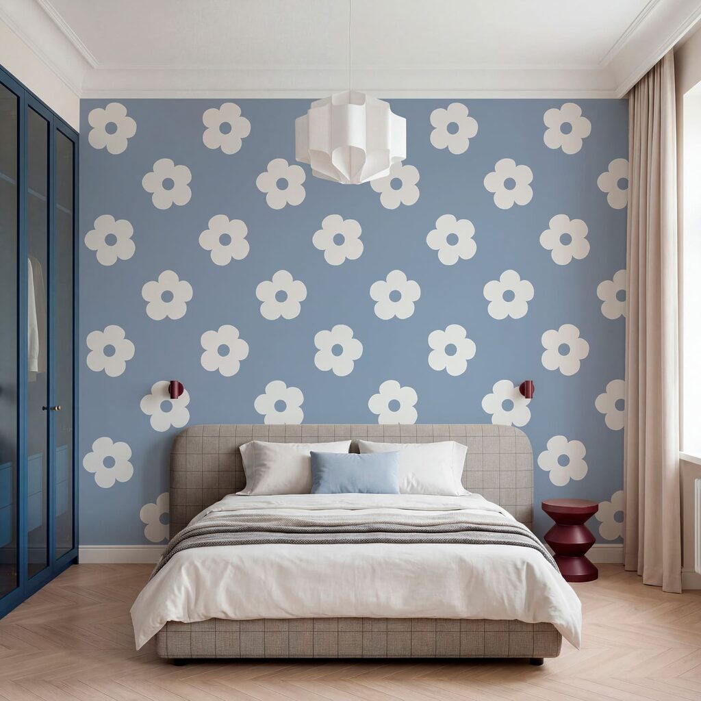Patroon van witte bloemen op een blauwe achtergrond Patroon van witte bloemen op een blauwe achtergrond
