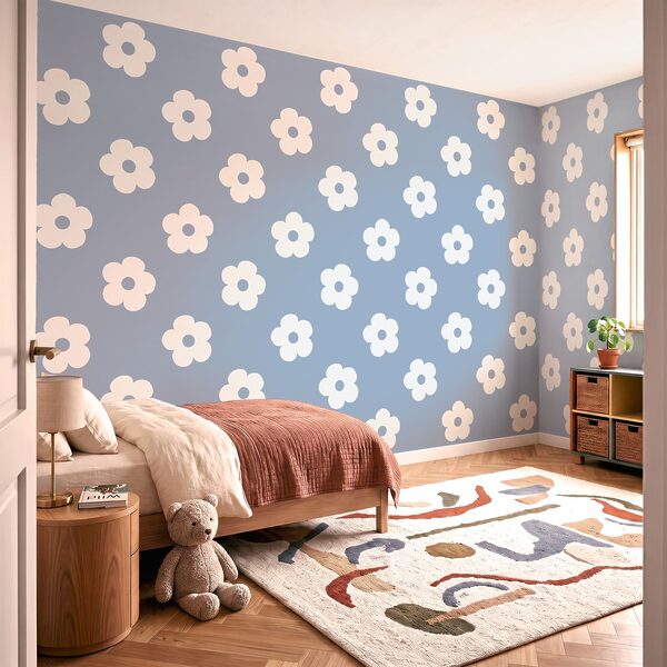 Patroon van witte bloemen op een blauwe achtergrond Patroon van witte bloemen op een blauwe achtergrond