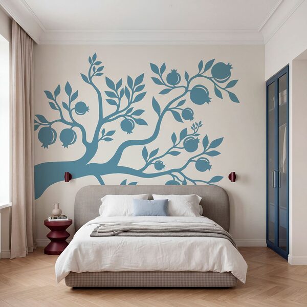Fotobehang Fotobehang Blauwe boom met bladeren en vruchten (Artikelnummer: t00967v2)