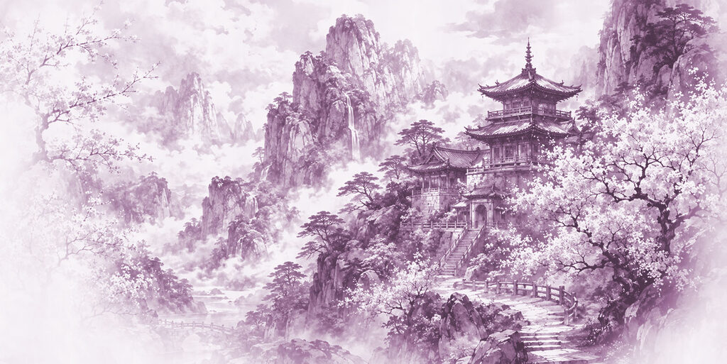 Painting of a building on a mountain Painting of a building on a mountain