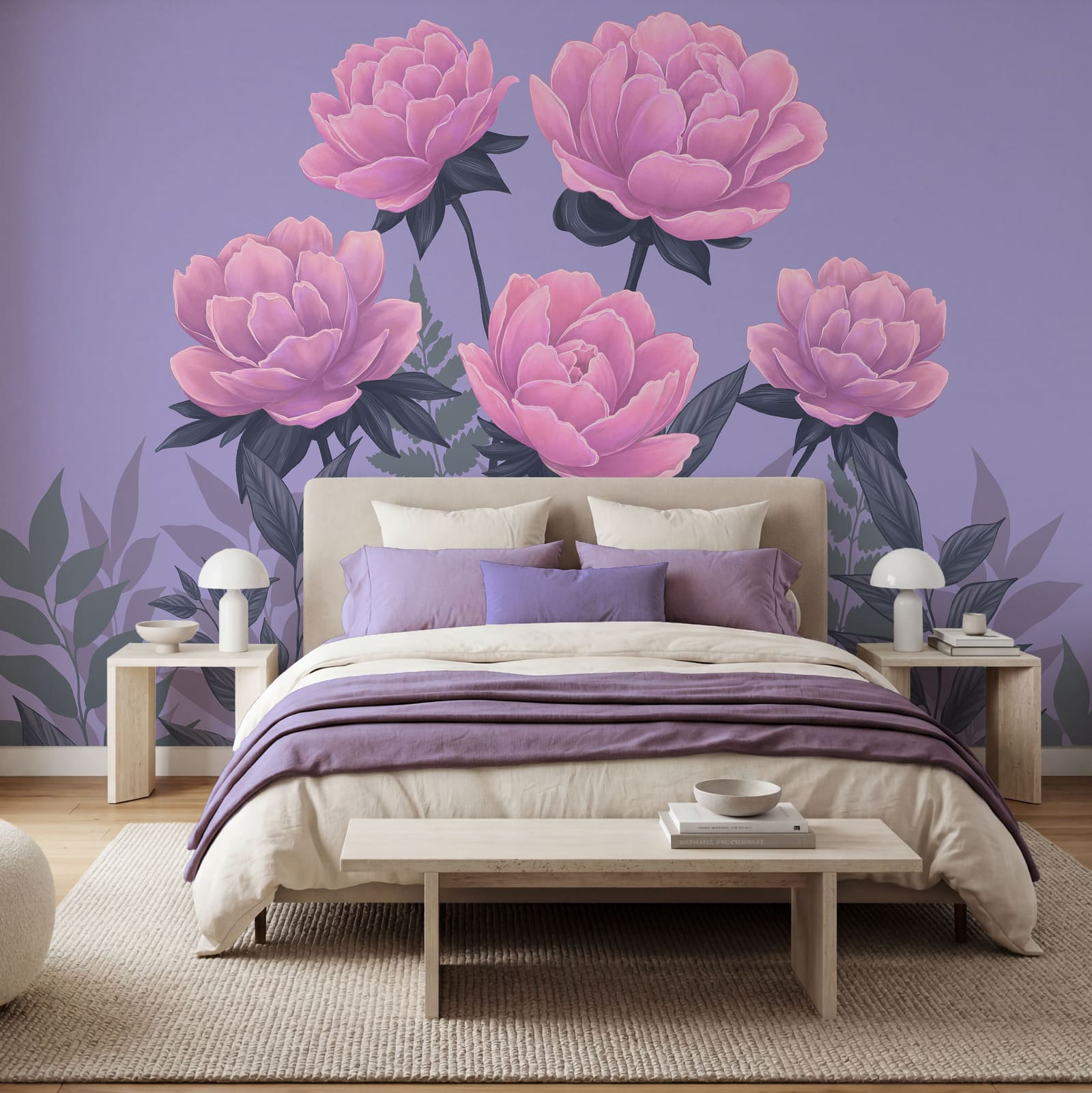 Groep roze bloemen en bladeren