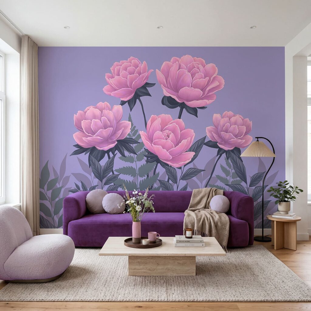 Groep roze bloemen en bladeren
