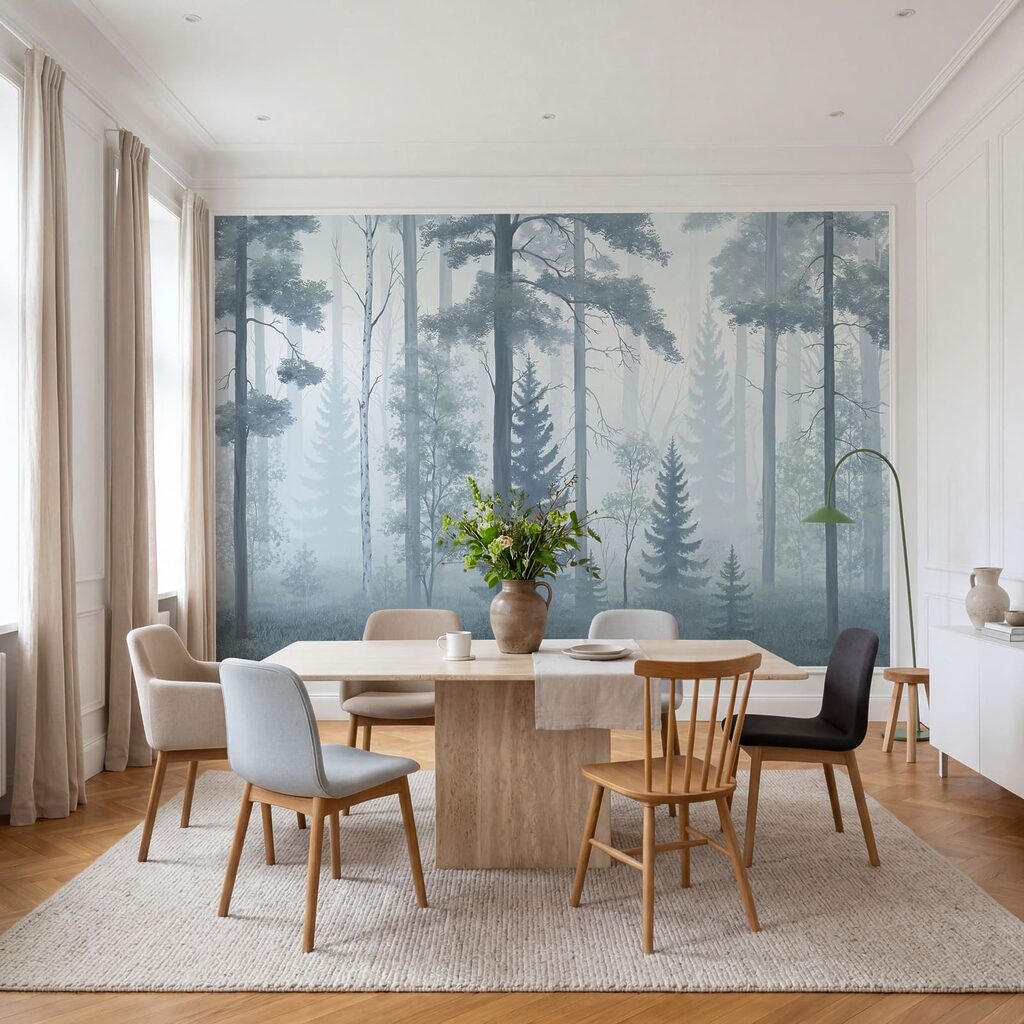 Mistig bos met bomen
