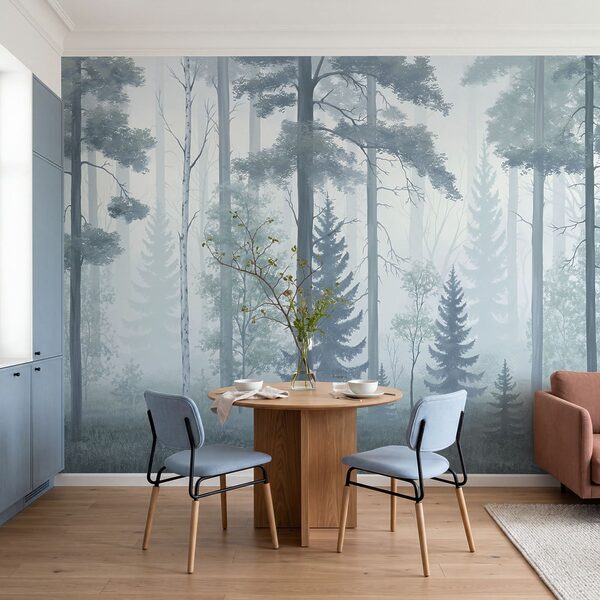 Mistig bos met bomen