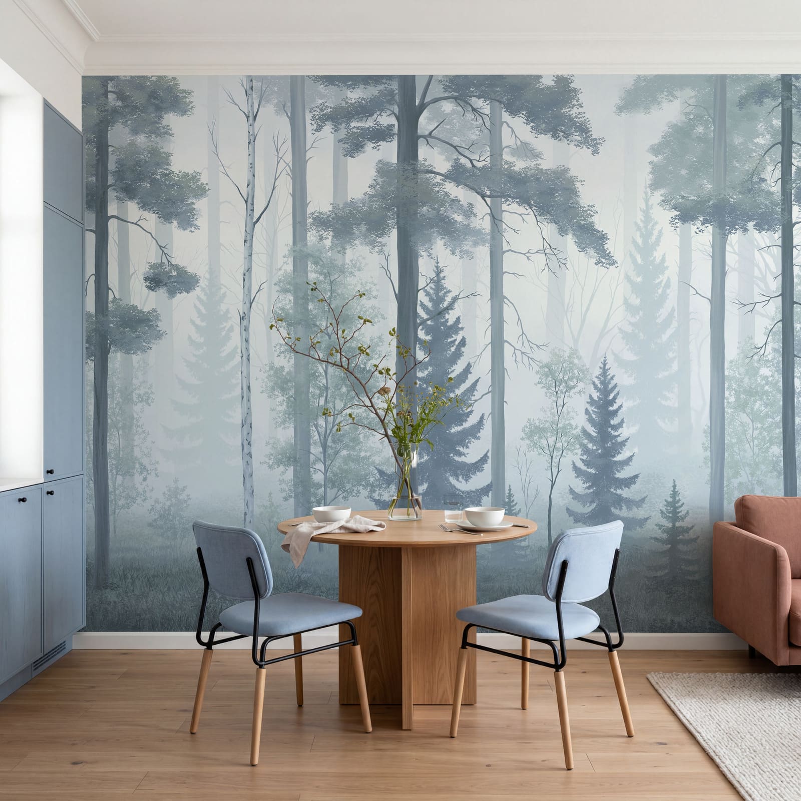 Mistig bos met bomen