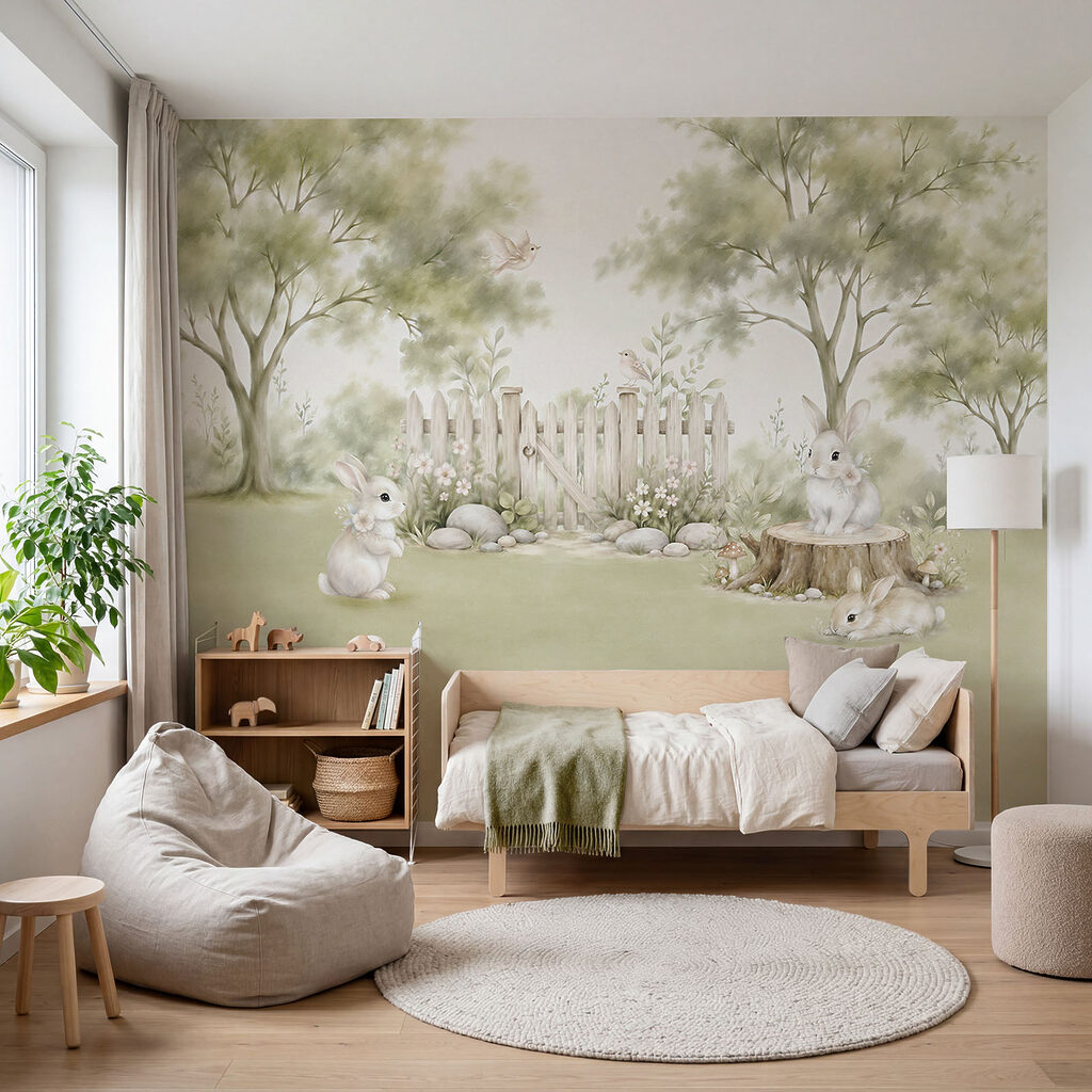 Schilderij van konijnen in een tuin Schilderij van konijnen in een tuin