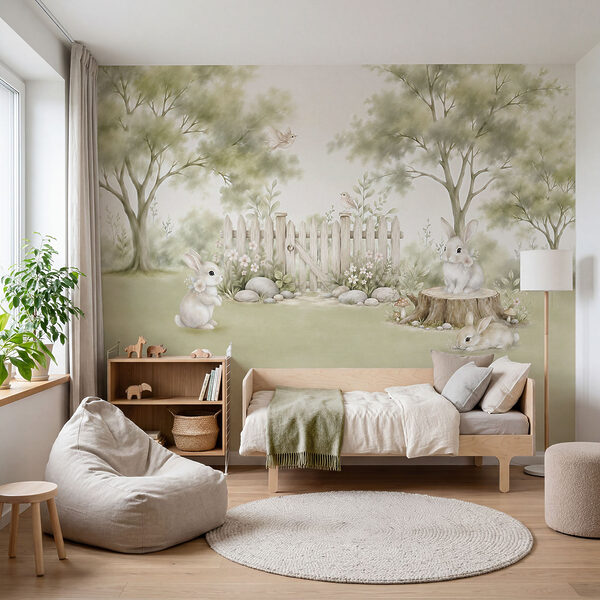 Schilderij van konijnen in een tuin Schilderij van konijnen in een tuin