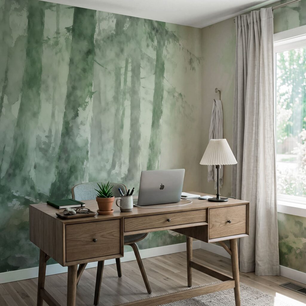 Aquarelschilderij van een bos met rotsen en bomen