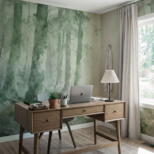 Aquarelschilderij van een bos met rotsen en bomen