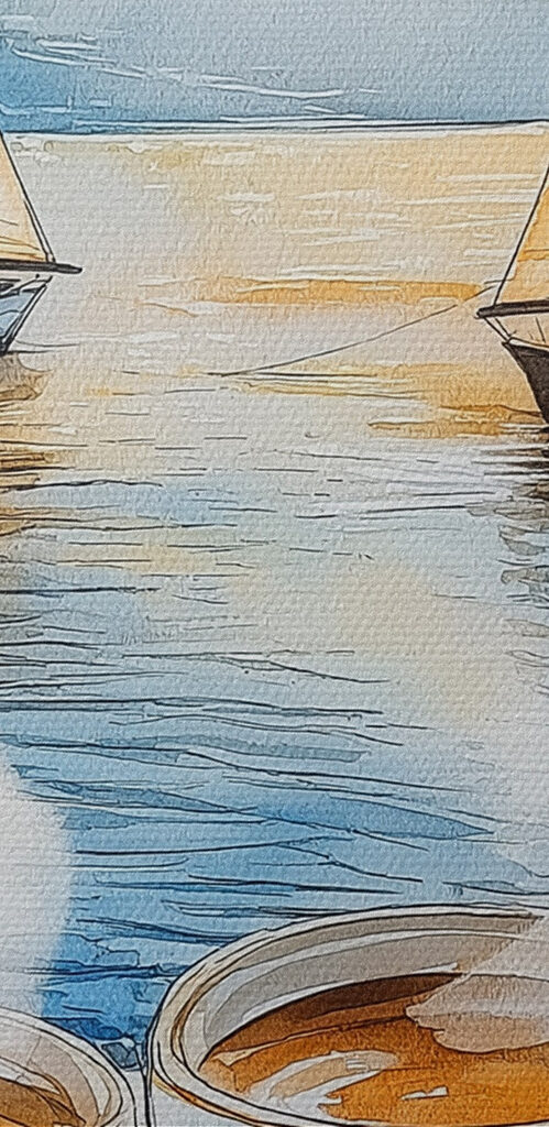 Watercolor painting of a couple of cups of coffee and croissants on a table with boats in the background Watercolor painting of a couple of cups of coffee and croissants on a table with boats in the background