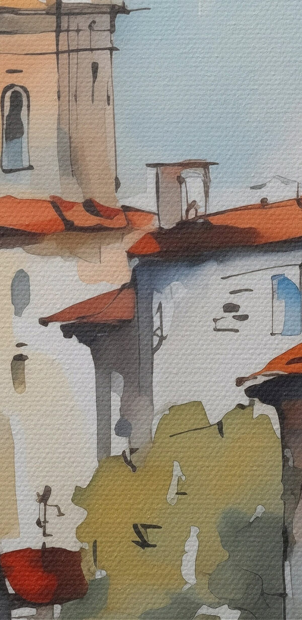 Watercolor of a church and a building
