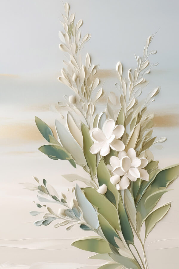 White flowers and leaves on a white surface