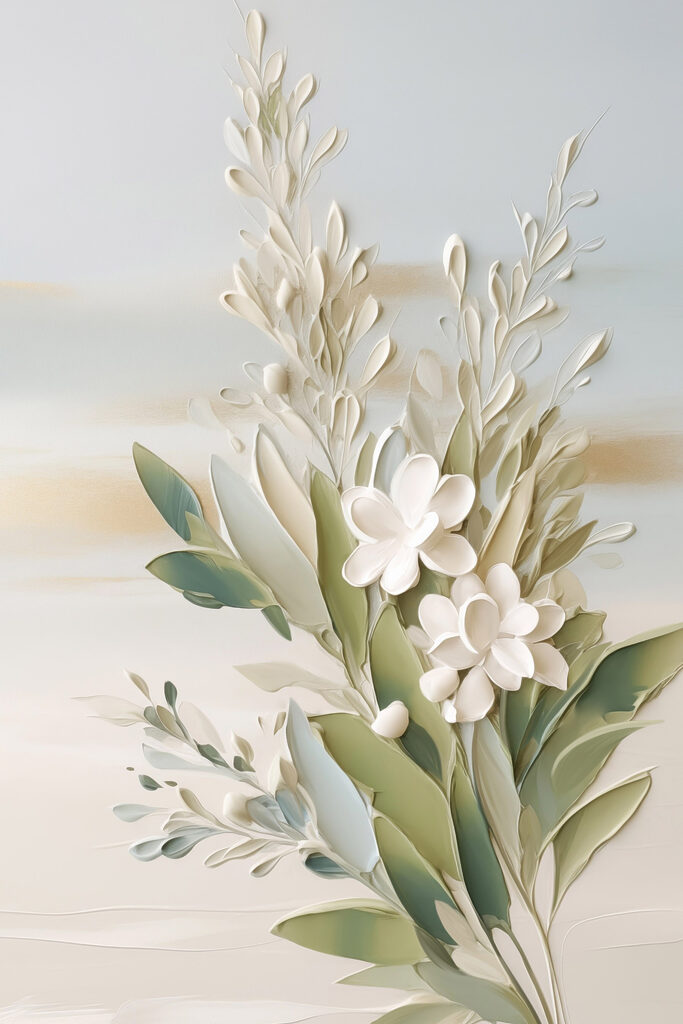 White flowers and leaves on a white surface