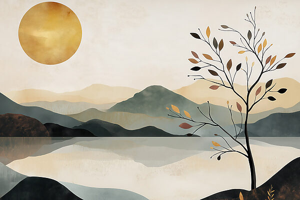 Tree and a lake with mountains and sun